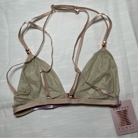 SAVAGE X FENTY Bralette Front Closure Mesh Sheer Metallic Pearl XS adjustable - Picture 5 of 8